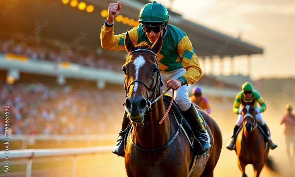 horse riding in the race Jockeying for the Win at the Kentucky Derby. Generative AI illustration. horse riding in the race Jockeying for the Win at the Kentucky Derby. Generative AI illustration.