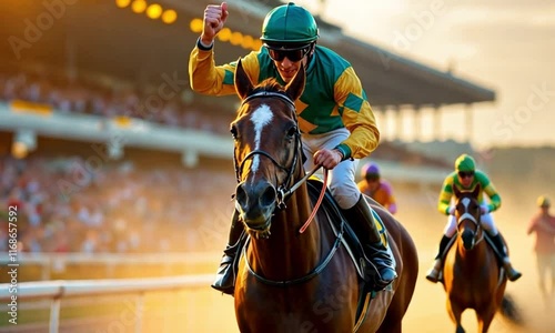 horse riding in the race Jockeying for the Win at the Kentucky Derby. Generative AI illustration.