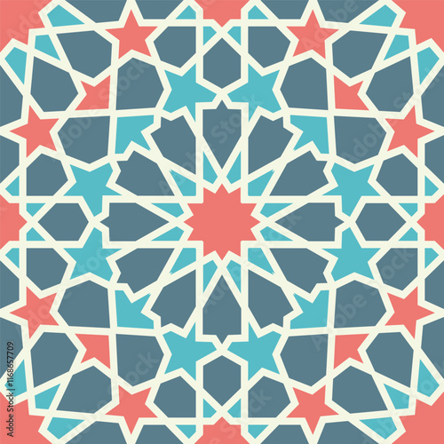 A symmetrical Islamic geometric pattern highlighting star motifs and intersecting shapes in vibrant pink, blue, and beige hues. Seamless pattern.