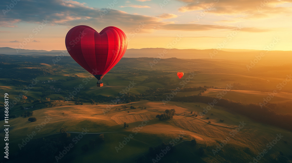 Fototapeta premium Heart-shaped hot air balloon over scenic landscape