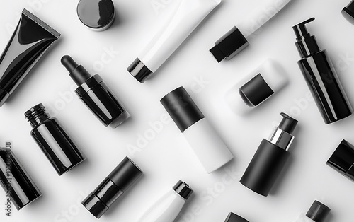 Flat lay of various black and white cosmetic containers on white background.