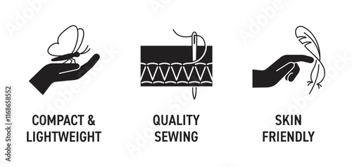 Microfiber towel or cloth icons set - Lightweight, Skin friendly, Quality Sewing, in monochrome style