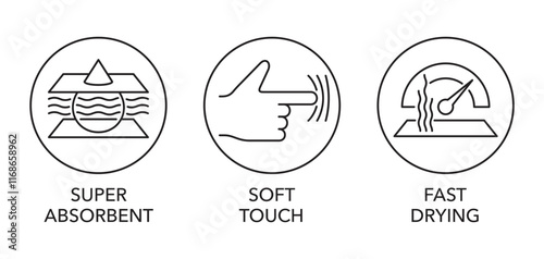 Microfiber towel or cloth icons - Super Absorbent, Soft Touch, Fast Drying. In thin line