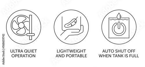 Dehumidifier icons set - Ultra Quiet, Lightweight, Portable, Auto Shut-off, in thin line