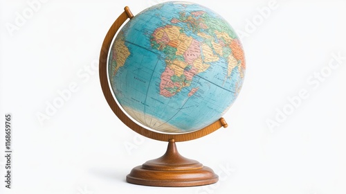 Vintage world globe on wooden stand, isolated on white background. photo