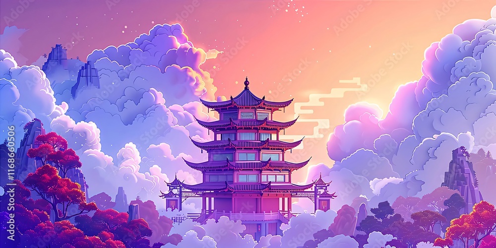 Pagoda in cloudscape, fantasy Asian architecture. Pagoda in cloudscape, fantasy Asian architecture.