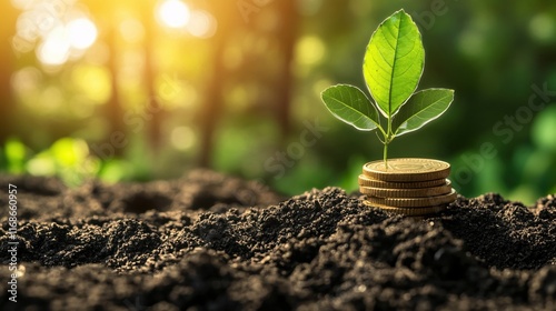 Young Plant Growing from Coins in Soil Symbolizing Financial Growth and Sustainability photo