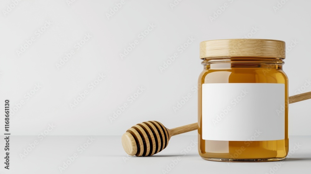 Glass jar filled with honey and wooden dipper on a clean background Glass jar filled with honey and wooden dipper on a clean background