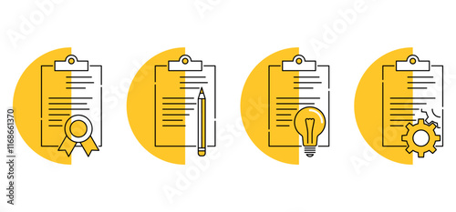Users manual or agreement icons - with gear, lightbulb, pencil or seal. in thin line and semicircle background