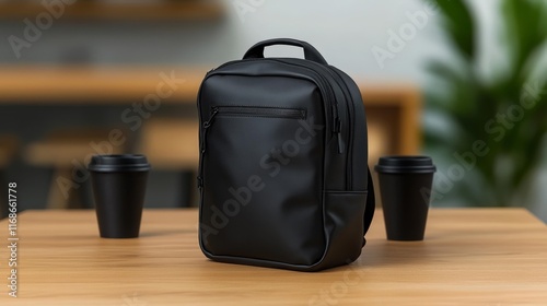 Black backpack in a modern cafe with monochrome decor. Generative AI photo