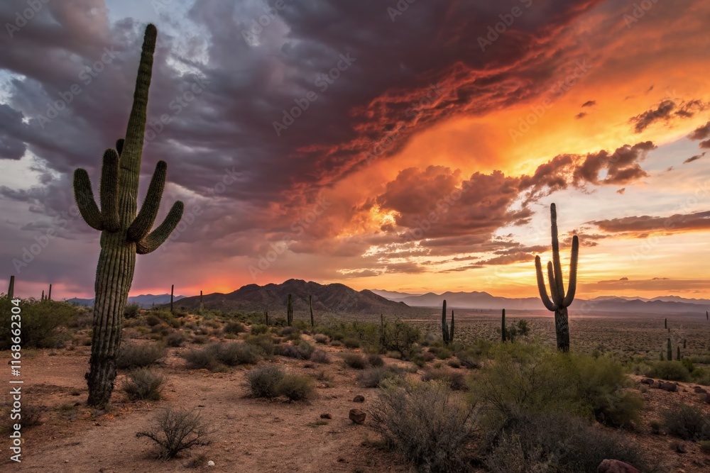 Arizona Desert Sunset: Vibrant Hues & Saguaro Cactus Silhouette Arizona Desert Sunset: Vibrant Hues & Saguaro Cactus Silhouette