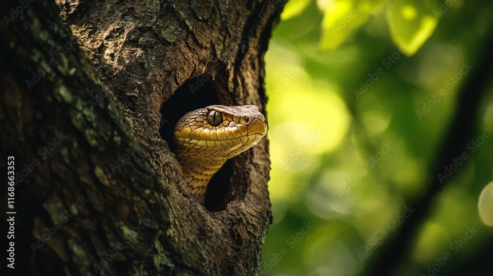 Obraz premium Serpent's Lair: Mystical Forest Encounter with Snake in Ancient Tree Hollow
