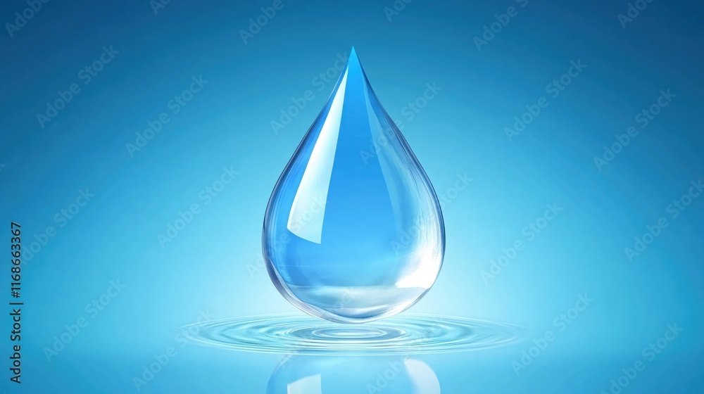 Clear Water Drop on Blue Background with Ripple Effects and Soft Lighting Clear Water Drop on Blue Background with Ripple Effects and Soft Lighting