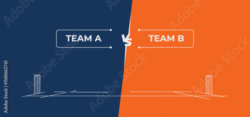 Cricket pitch with stump on two sides. Team battle, two team comparison with cricket bat. Editable vector