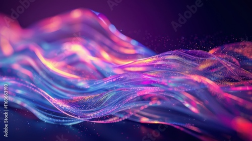 Abstract, digital and background waves. Wallpaper, futuristic and particles for digital, design and illustrative art with creativity, information technology in mesmerizing style, vibrant colour 