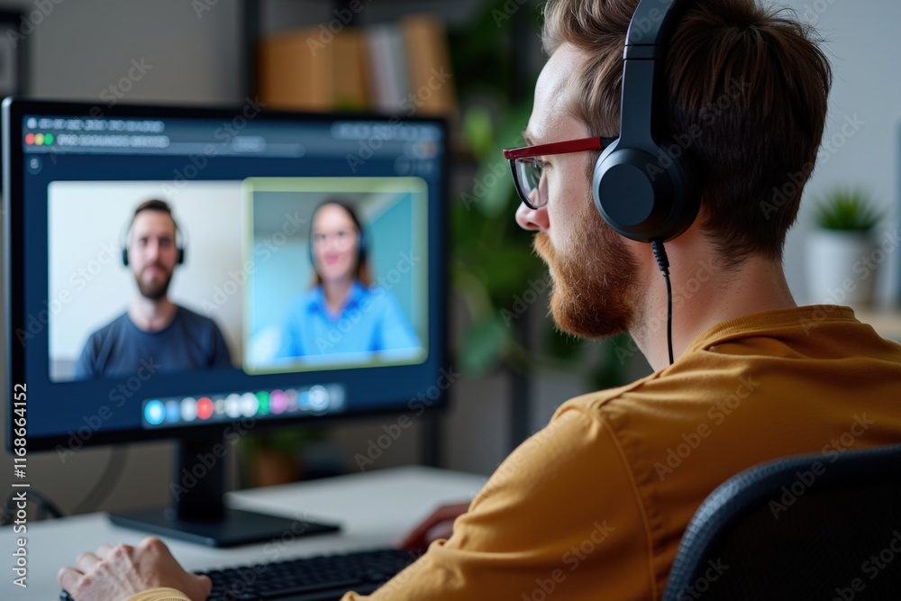 Focused Man Engaged in Virtual Meeting Using Headphones and Computer, Ideal for Remote Work and Collaboration Concepts Focused Man Engaged in Virtual Meeting Using Headphones and Computer, Ideal for Remote Work and Collaboration Concepts