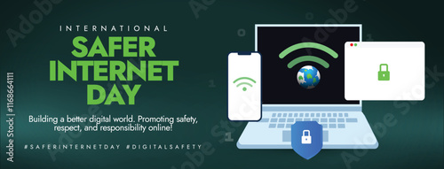 Safer Internet Day. International Safer Internet Day awareness cover for online security, cyber crime. Internet Security post with laptop, WIFI icon, web browser and secure shield icon. Vector