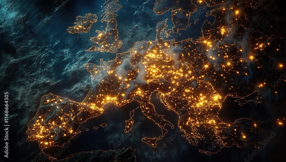 Fototapeta premium Europe at Night: A Glowing Tapestry of Cities and Lights