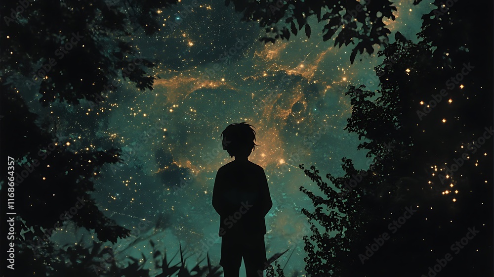Obraz premium A silhouette of an individual standing under a starry sky, contemplating the vastness of the universe, representing existential reflection and the search for answers 