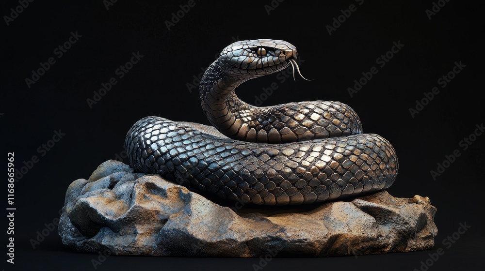 Fototapeta premium Serpentine Elegance: Stunning Coiled Snake with Diamond Pattern on Textured Stone Surface under Dramatic Lighting