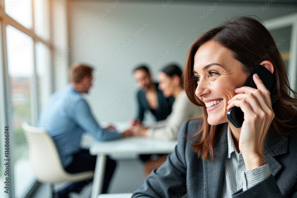 Professional Business Woman Smiling on Phone in Modern Office Setting, Ideal for Business Marketing and Corporate Branding Professional Business Woman Smiling on Phone in Modern Office Setting, Ideal for Business Marketing and Corporate Branding