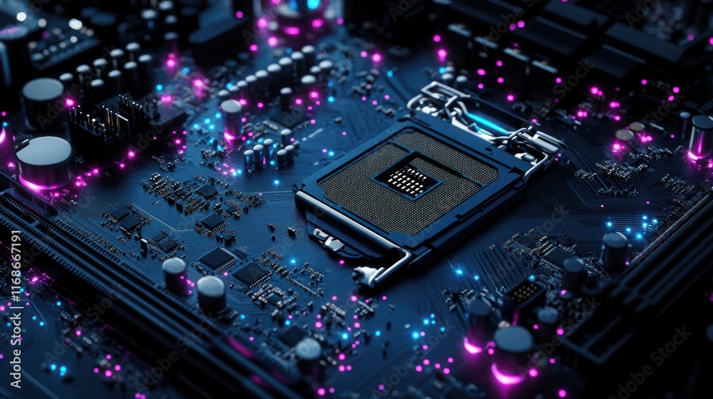 Fototapeta premium A close-up view of a computer motherboard with vibrant lighting effects.