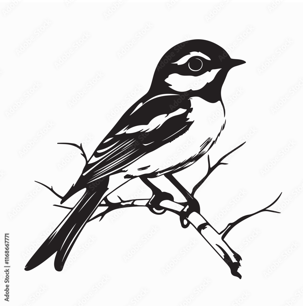 Fototapeta premium Wagtail perching on branch image. Beautiful Wagtail Stock Illustration isolated on white background.