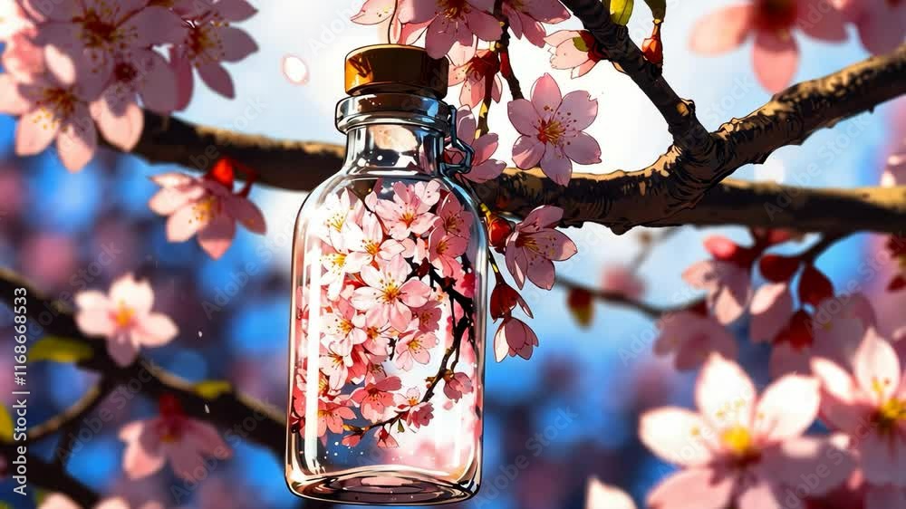 Video footage of glass bottle with a cork stopper contains a branch of blooming cherry blossoms, hanging among more cherry blossoms on a tree