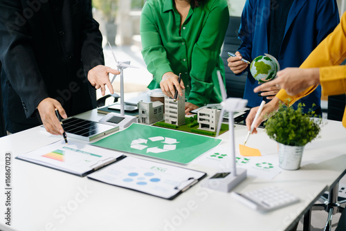 Business team working virtual modern smartphone to reduce CO2 emissions carbon footprint climate change photo