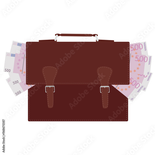 Brown leather briefcase full of euro banknotes