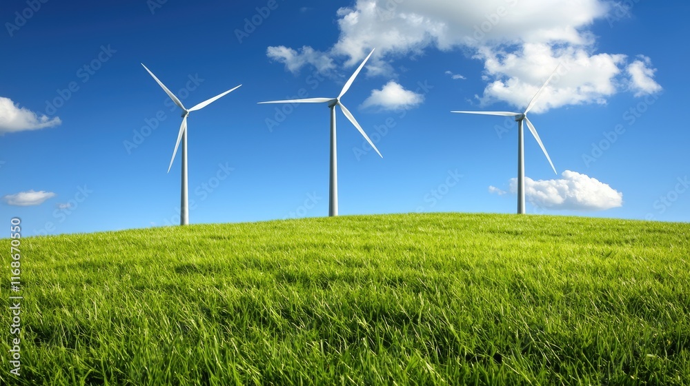 Harnessing renewable energy wind turbines on a green hill nature landscape clear blue sky sustainable future Harnessing renewable energy wind turbines on a green hill nature landscape clear blue sky sustainable future