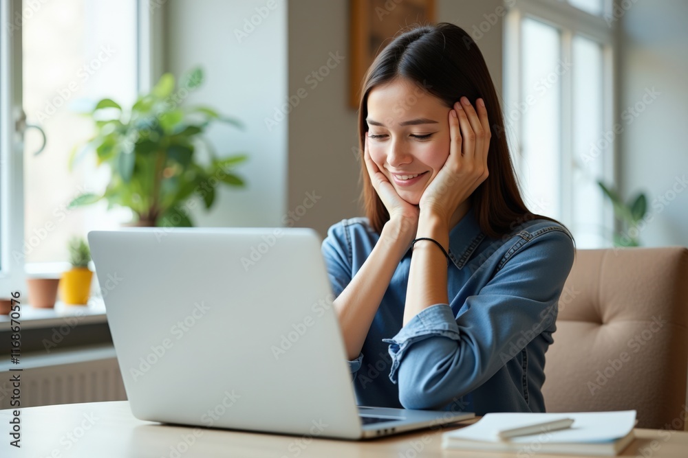 Smiling young woman working on laptop in cozy living room, perfect for online course, remote work, orance lifestyle promotion. Smiling young woman working on laptop in cozy living room, perfect for online course, remote work, orance lifestyle promotion.