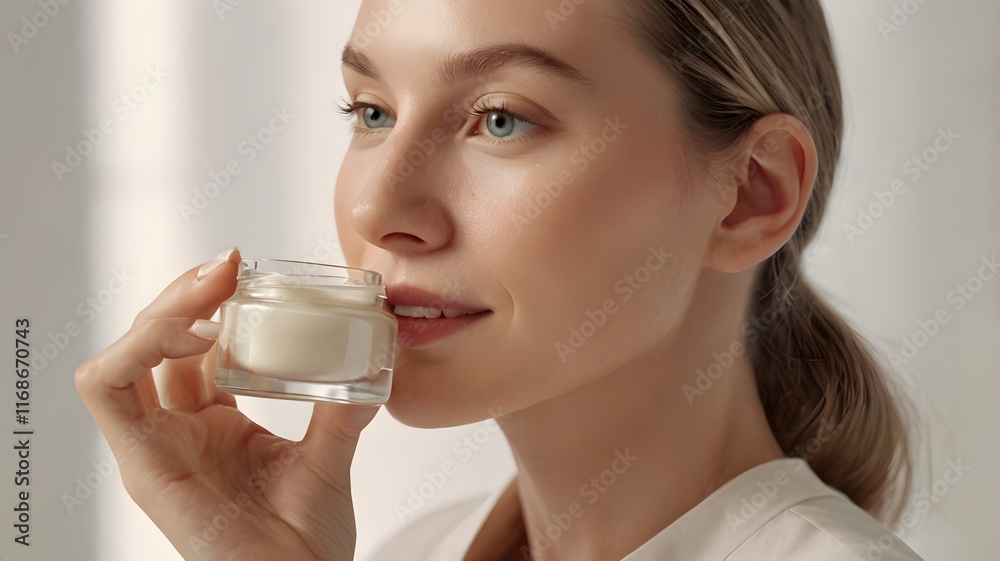 Close-up of a woman with smooth, radiant skin, holding a glass jar of luxurious cream, applying it to her cheeks. The scene is bright and minimalist, with soft, natural light casting a gentle glow. Close-up of a woman with smooth, radiant skin, holding a glass jar of luxurious cream, applying it to her cheeks. The scene is bright and minimalist, with soft, natural light casting a gentle glow.