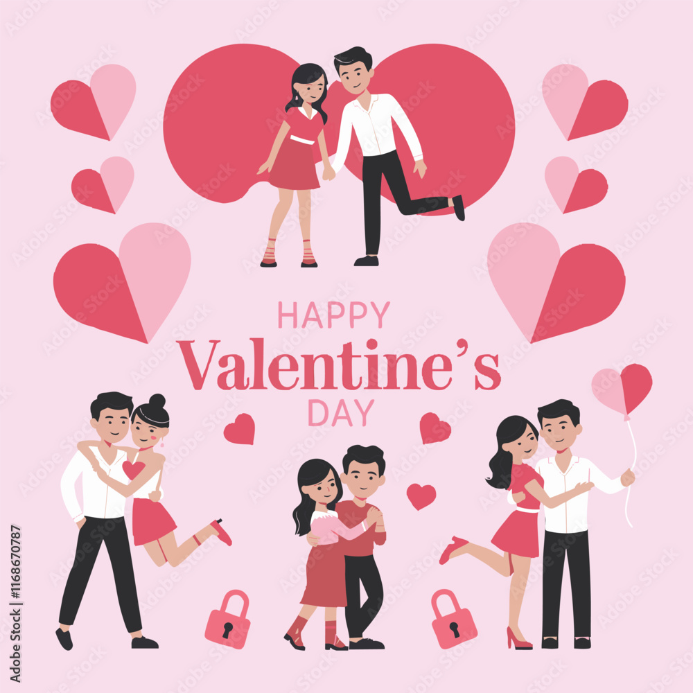 Valentine's Day themed illustration featuring loving couples, hearts, and festive romantic elements. Ideal for holiday cards Valentine's Day themed illustration featuring loving couples, hearts, and festive romantic elements. Ideal for holiday cards