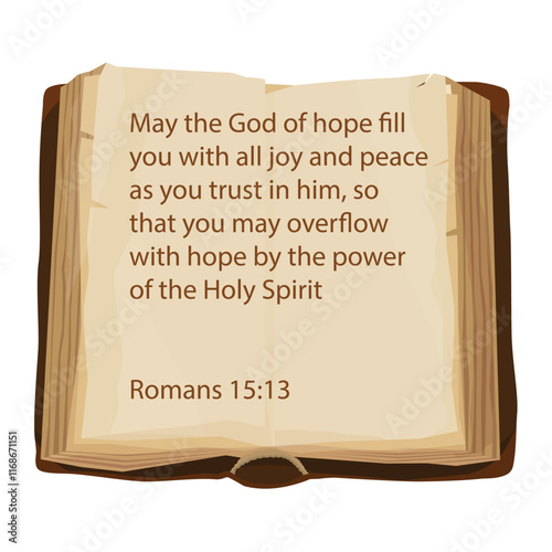 Open Holy Bible book with quote from Romans 15:13