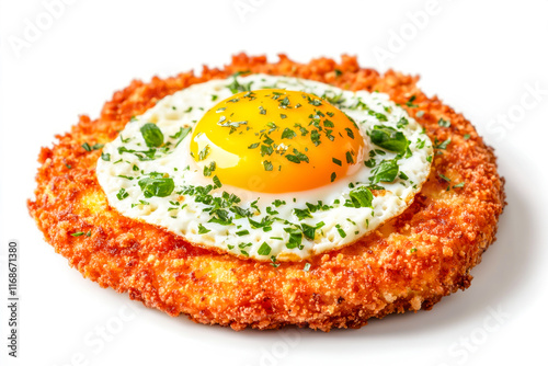 Tasty brackfast. Crispy golden schnitzel topped with sunnyside-up egg and fresh chives on white background. Concept of comfort food and brunch indulgence photo
