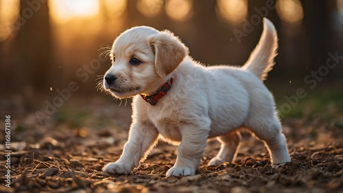 A small, playful, and funny puppy in action.  photo