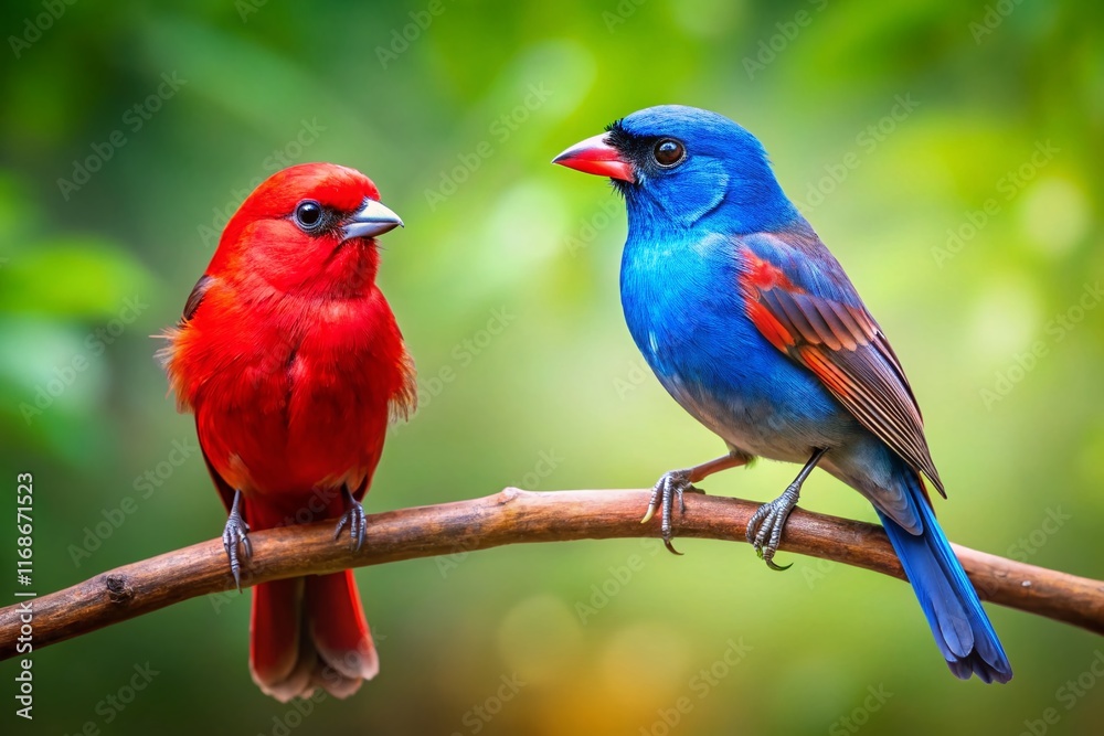 Fototapeta premium Blue and Red Birds: High-Definition Wildlife Stock Photo