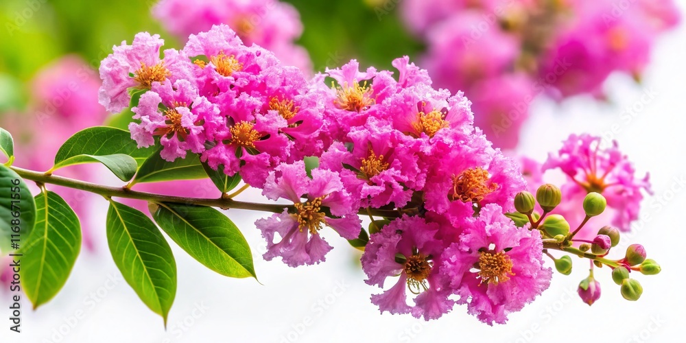 Fototapeta premium Blooming Lagerstroemia Speciosa Pers Flowers on White Background - Tilt-Shift Photography