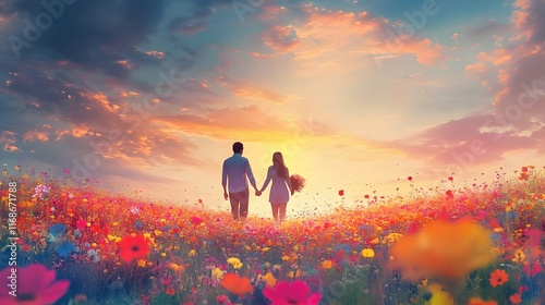 A couple walking through a vibrant flower field, holding hands and smiling at each other