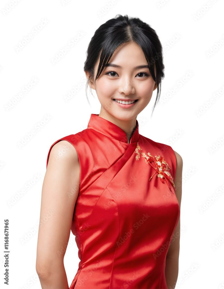 elegant asian woman traditional red cheongsam - hair tied up . chinese new year celebration . PNG . ai elegant asian woman traditional red cheongsam - hair tied up . chinese new year celebration . PNG . ai