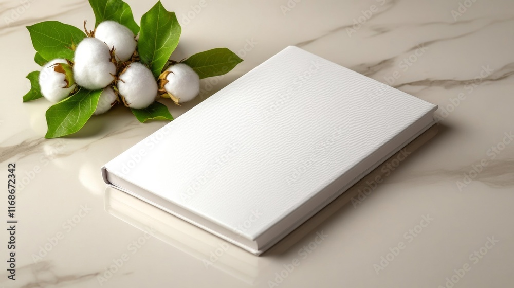 Fototapeta premium Cotton-inspired notebook design on a marble background. Generative AI