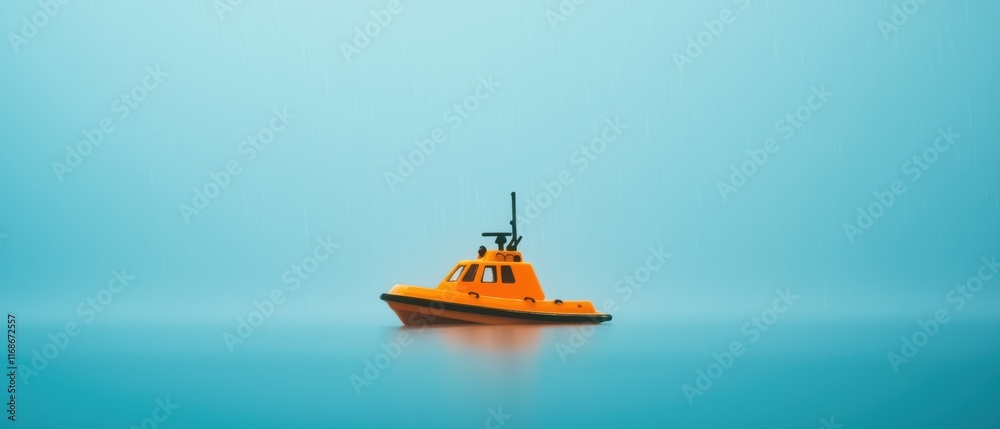 Fototapeta premium life-saving concept. Lonely yellow tugboat on calm blue water in misty atmosphere.