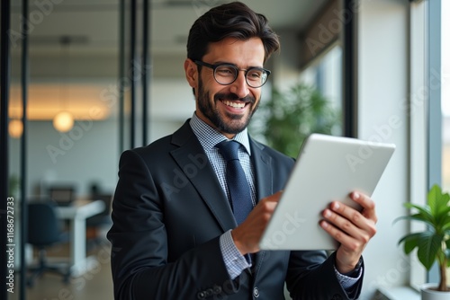 Professional Businessman in Suit Smiling While Using Digital Tablet in Modern Office Setting, Perfect for Business Marketing or Corporate Training Materials
