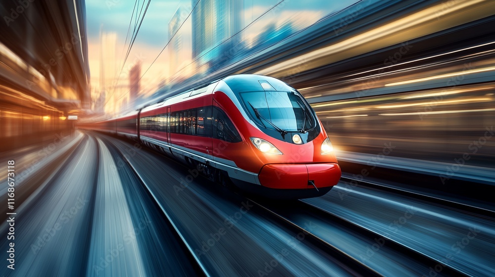 Obraz premium A red train is speeding down the tracks