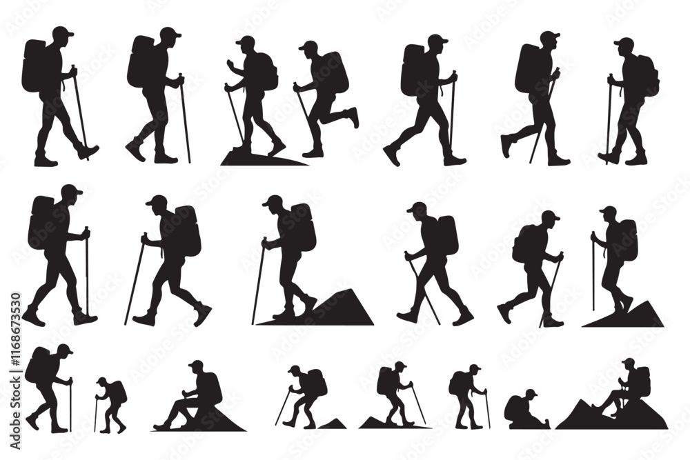 Hiking silhouette vector  Set Art