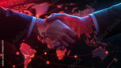 Global Business Partnership Digital Handshake Neon Red World Map deal dark dots power light growth  
