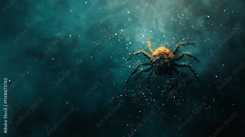 a yellow spider crawling in the middle of a dark blue space a yellow spider crawling in the middle of a dark blue space