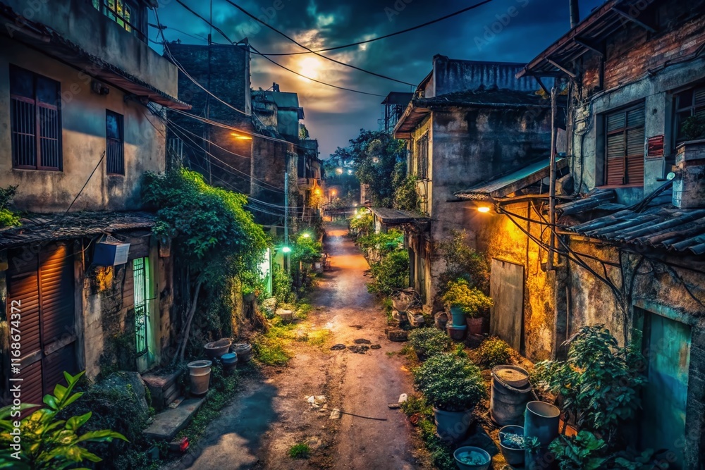 Fototapeta premium Hanoi Suburb Night Alley: Drone View of Deserted, Dangerous Backstreet