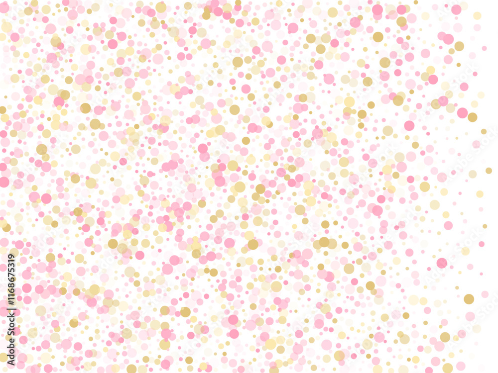 Rose gold confetti circle decoration for Christmas card background. Holiday vector decor. Gold, pink and rose color round confetti dots, circles chaotic scatter. Minimal bokeh background.